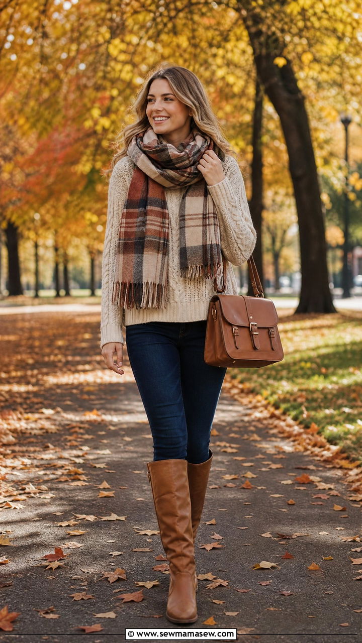 Fall Travel Outfit With Chunky Scarf and Cable Knit Sweater - 25 travel outfits Pinterest