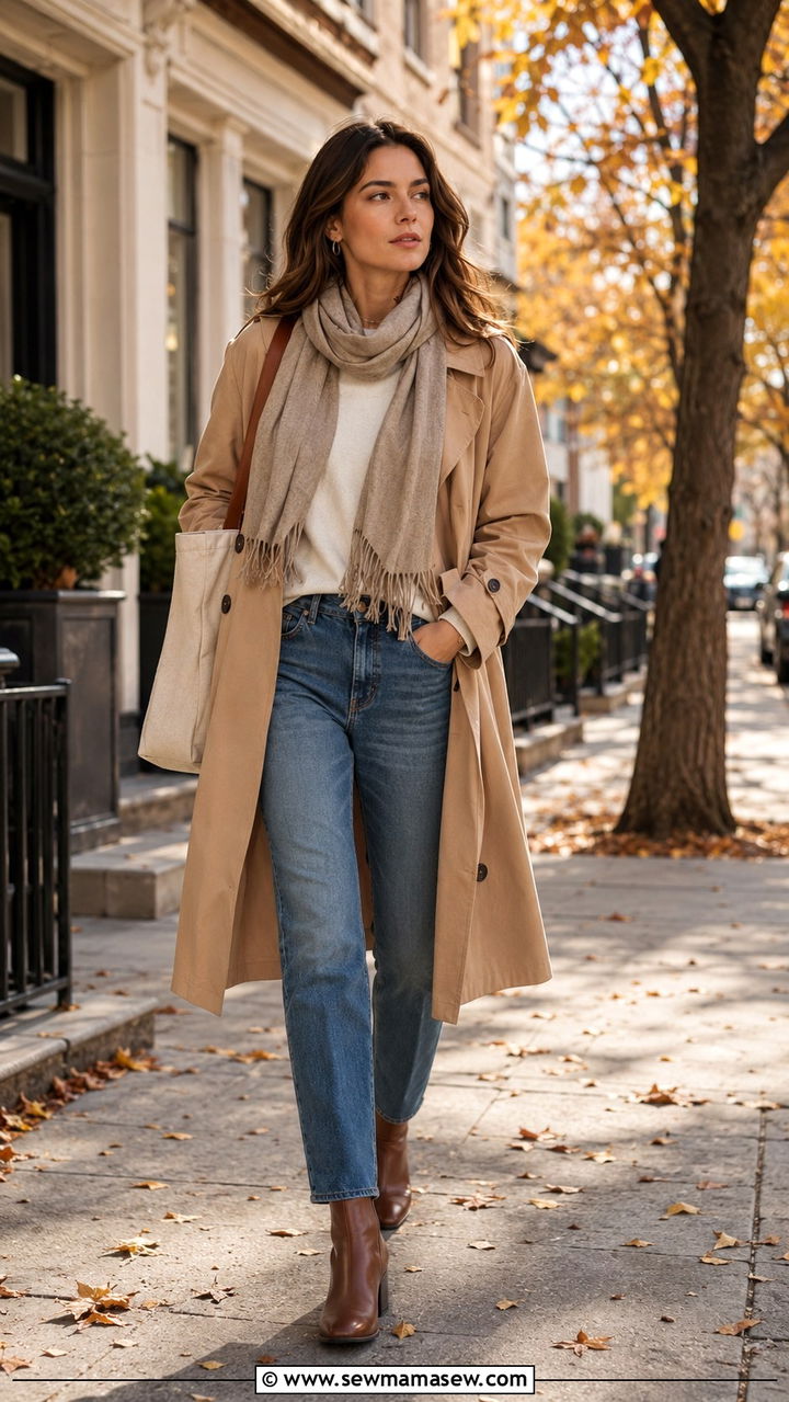 Fall Trench Coat and Sweater Jeans Brunch Outfit - 25 seasonal brunch outfit ideas