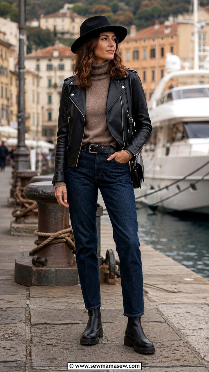 Fall cruise outfit with leather jacket and jeans - 25 seasonal cruise outfit ideas