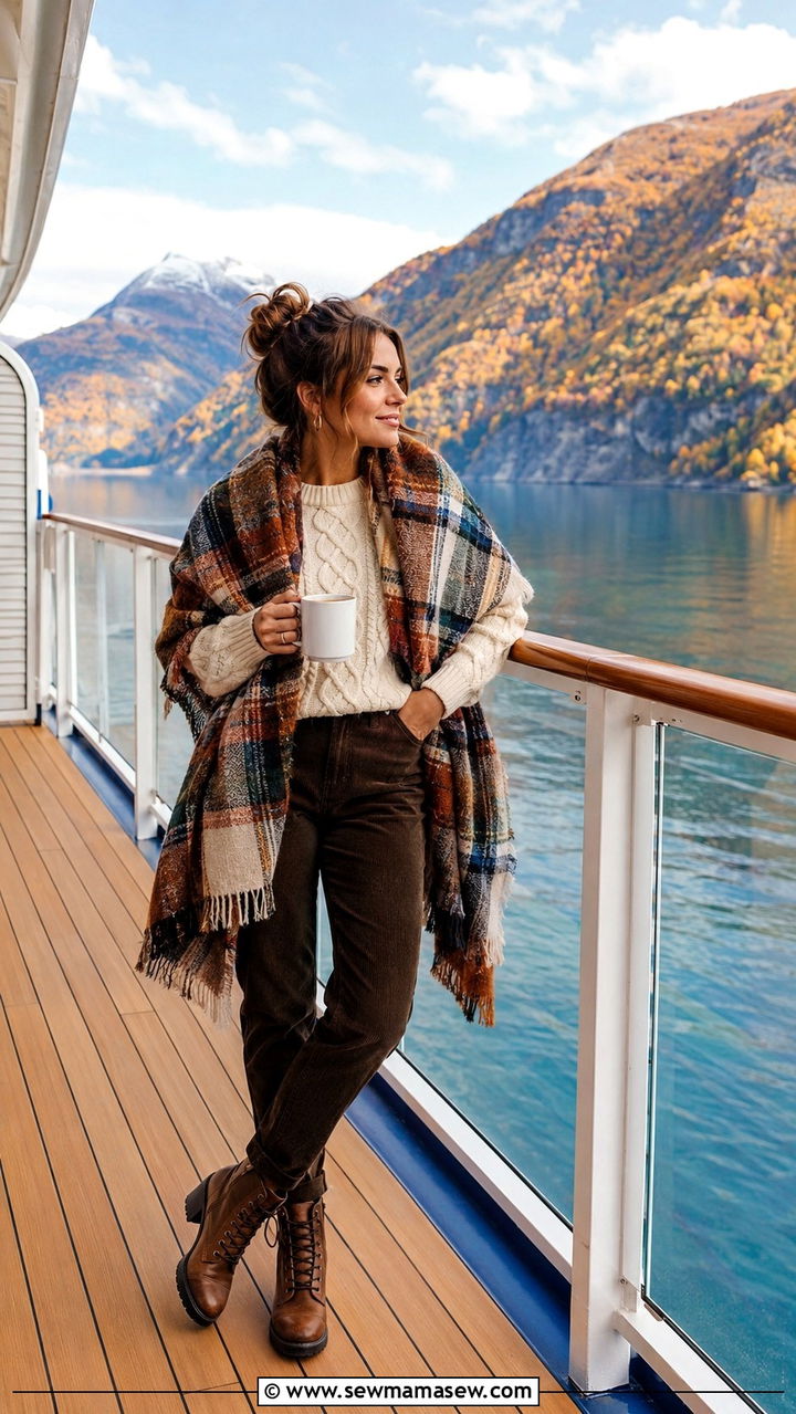 Fall cruise outfit with plaid blanket scarf - 25 seasonal cruise outfit ideas