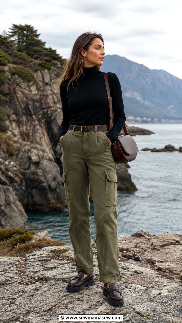 Fall cruise outfit with turtleneck and cargo pants - 25 seasonal cruise outfit ideas