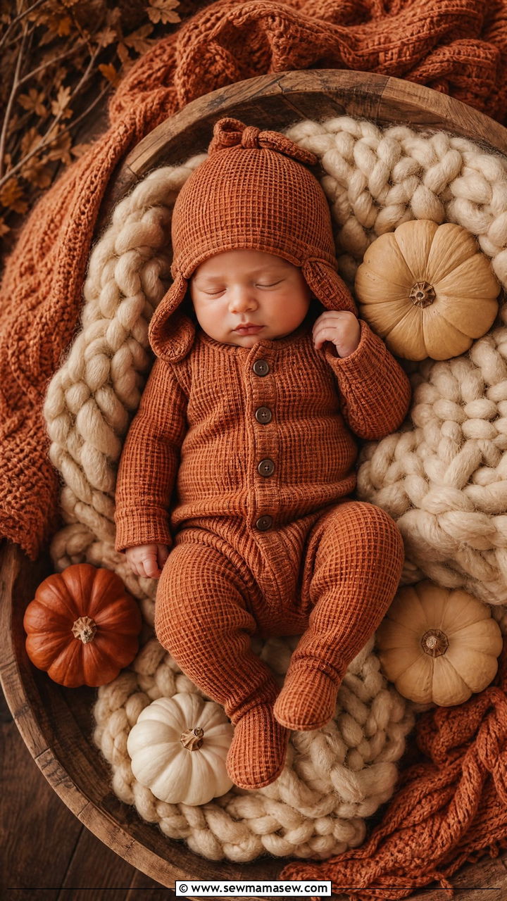 Fall earthy tone newborn outfit with pumpkin - 25 Newborn photoshoot outfit ideas