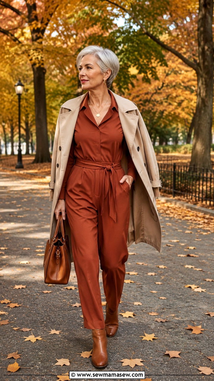 Fall jumpsuit with leather ankle boots - 30 Jumpsuit outfit ideas for women over 50