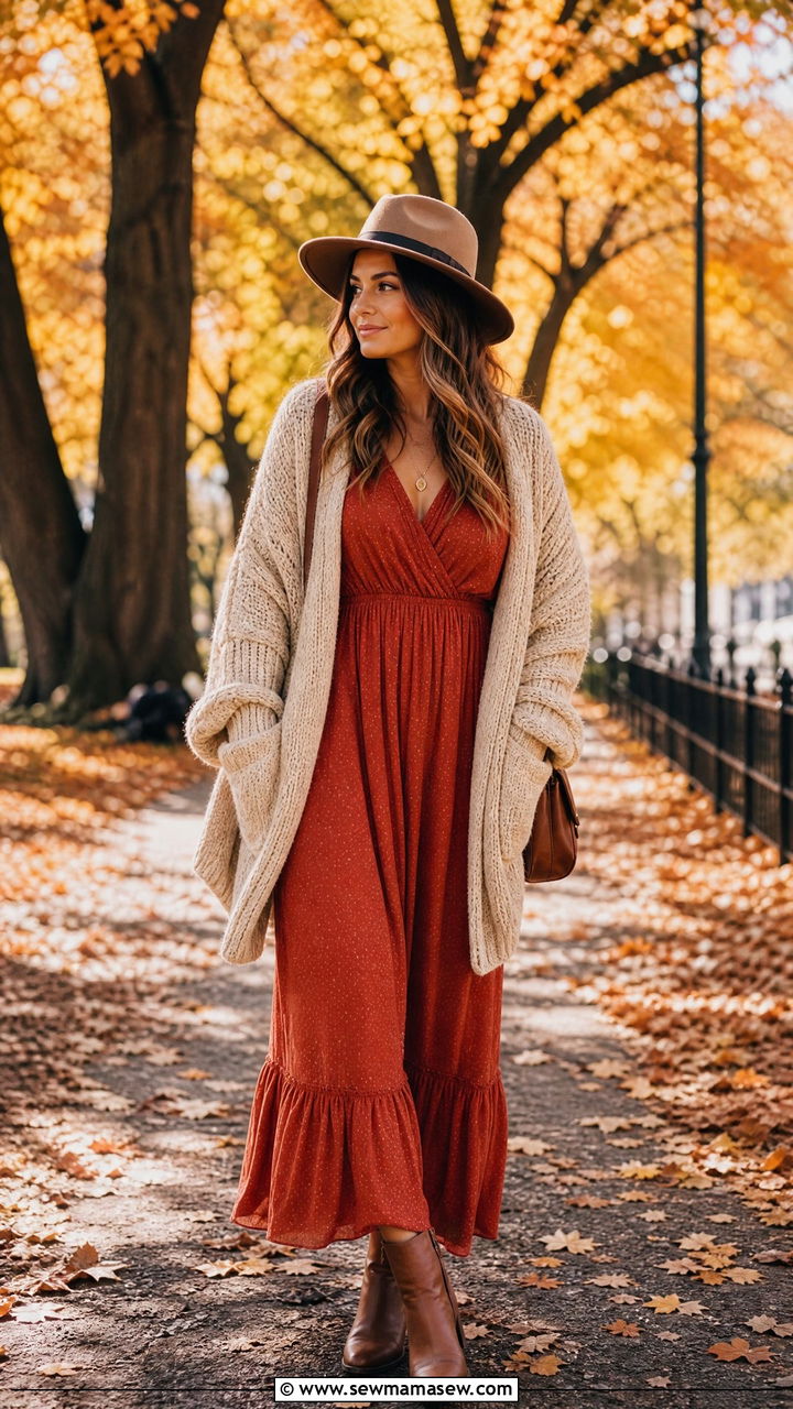 Fall maxi dress and chunky knit cardigan outfit - 30 Maxi dress outfit ideas with a cardigan