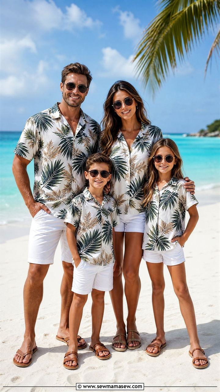 Family matching palm print button up shirts with crisp white shorts beach outfit - 30 Kids vacation outfit ideas
