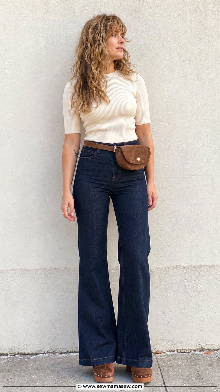 Fanny Pack with Flare Jeans and Fitted Knit Top - 30 Fanny pack outfit ideas
