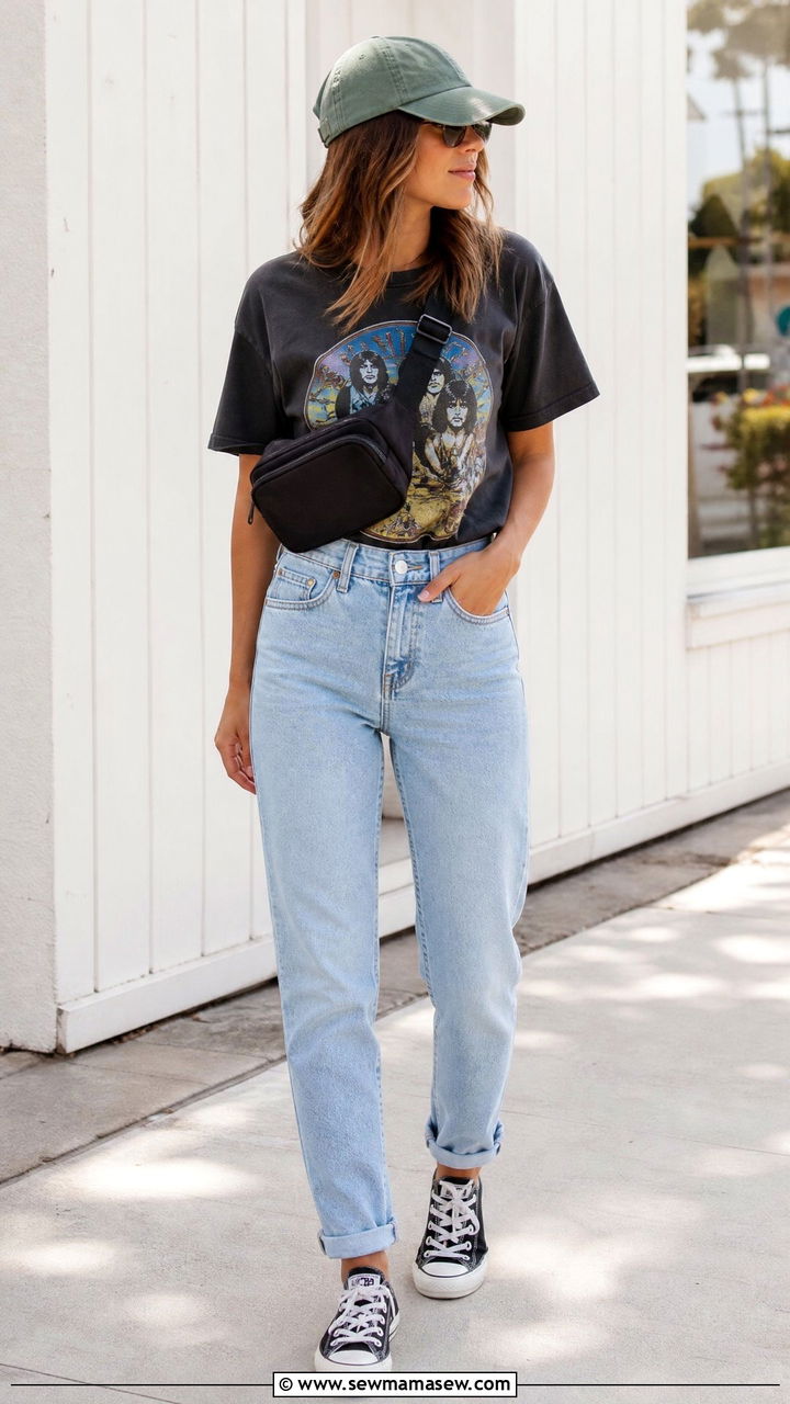Fanny Pack with Graphic Tee and Mom Jeans - 30 Fanny pack outfit ideas