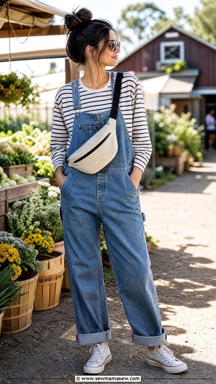 Fanny Pack with Overalls and Striped Tee - 30 Fanny pack outfit ideas