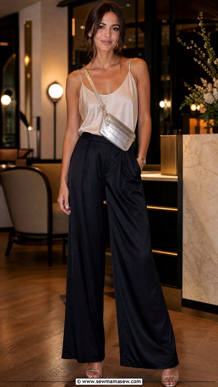 Fanny Pack with Wide Leg Trousers and Silk Tank - 30 Fanny pack outfit ideas