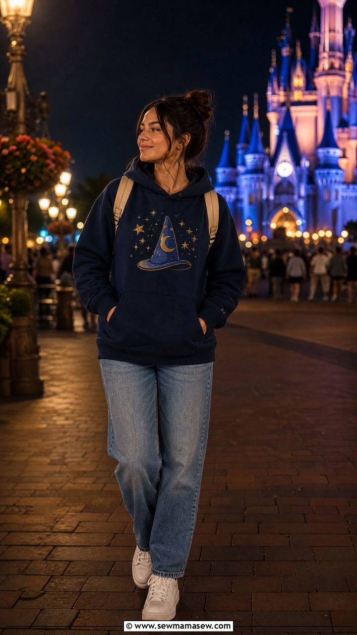 Fantasmic Evening Layer with Graphic Hoodie and Jeans Outfit - 25 Hollywood Studios outfit ideas