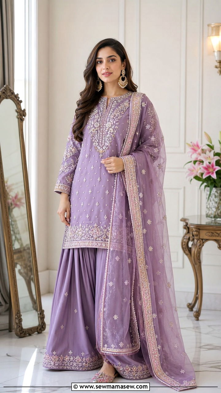 Farshi Shalwar With Embellished Kameez And Dupatta - 20 April Eid outfit ideas