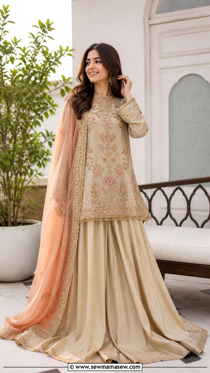 Farshi Shalwar With Embroidered Kurti - 20 Modest outfit ideas for Pakistan