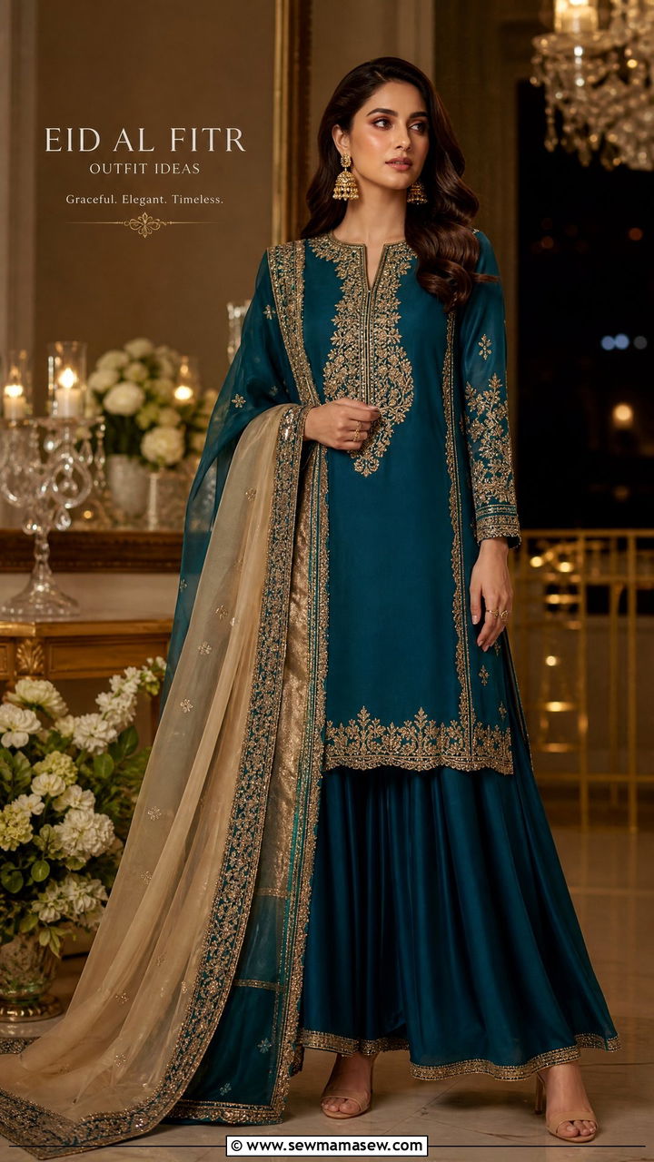 Farshi Shalwar with Embroidered Shirt - 30 Eid al Fitr outfit ideas