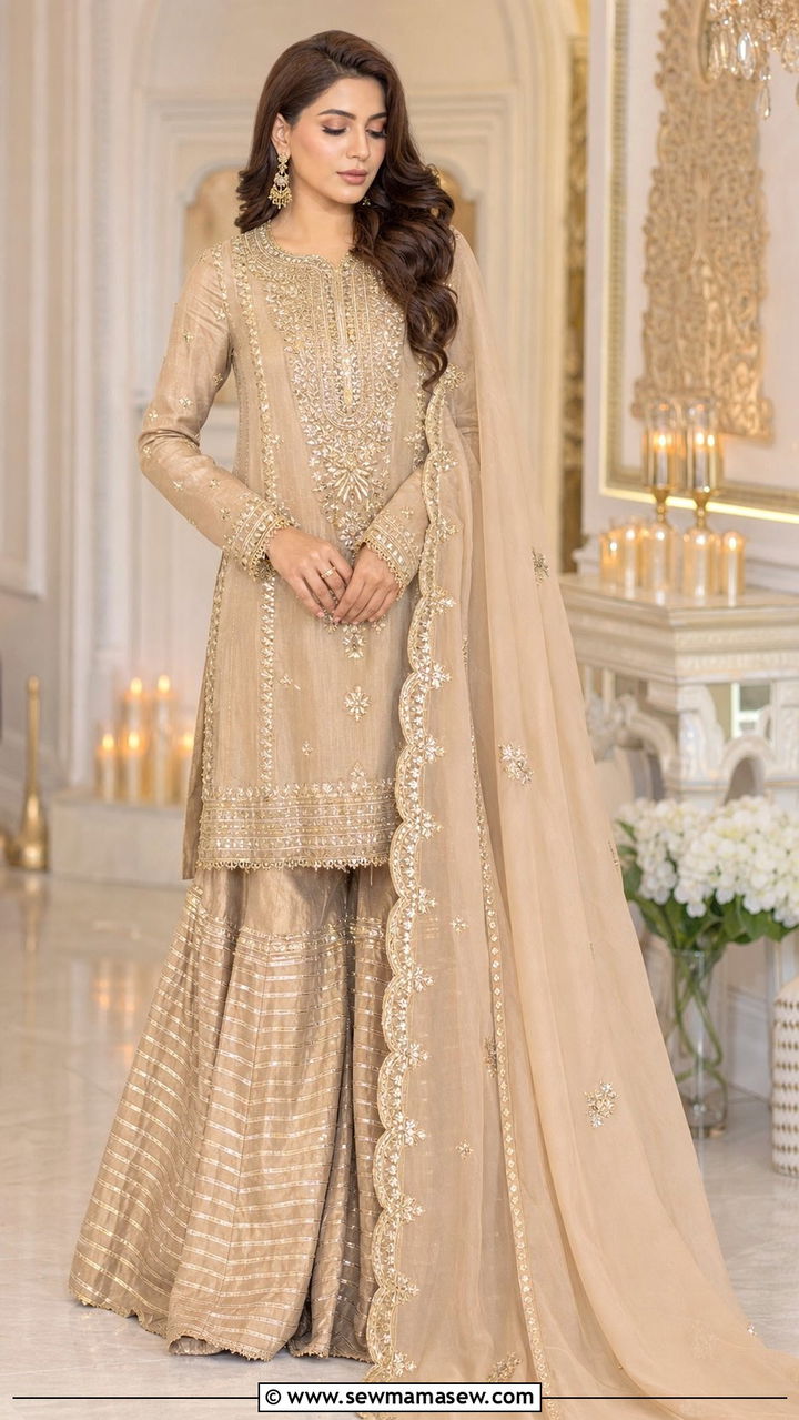 Farshi Shalwar with Long Embroidered Kurta - 25 Eid outfit ideas Pakistani