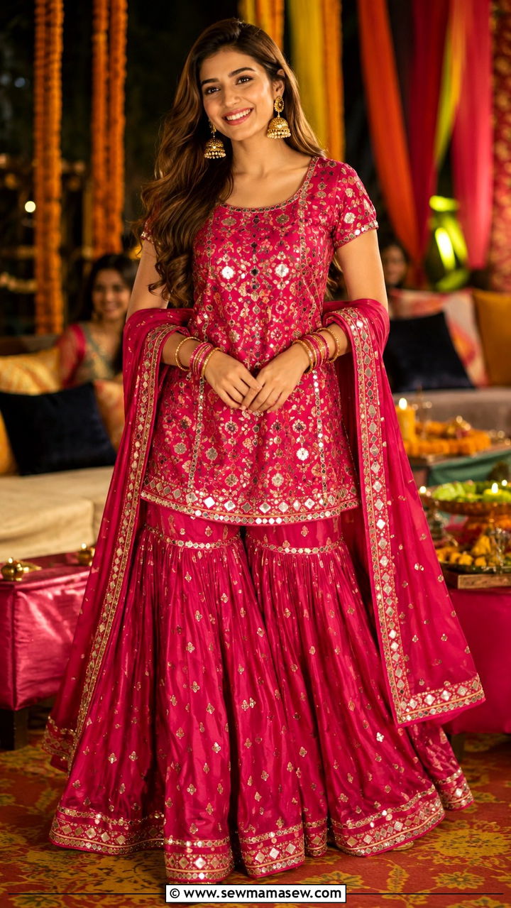 Farshi gharara with short printed kurta for a dholki - 30 Lahore outfit ideas