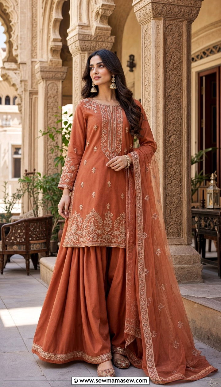 Farshi shalwar with short kameez - 25 Eid al Adha outfit ideas 2026