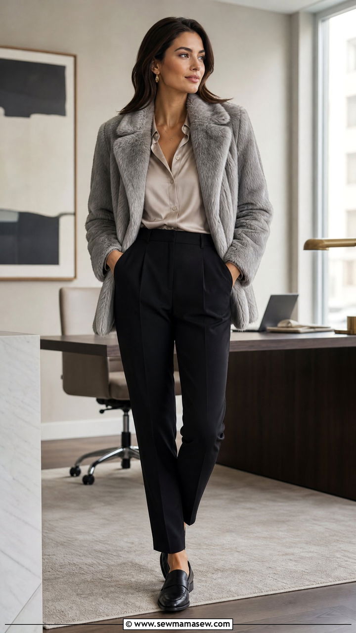 Faux Fur Blazer Style Coat With Tailored Work Trousers - 30 Faux fur coat outfit ideas