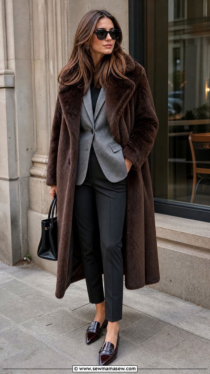 Faux Fur Coat Layered Over a Tailored Blazer and Trousers - 30 Faux fur coat outfit ideas