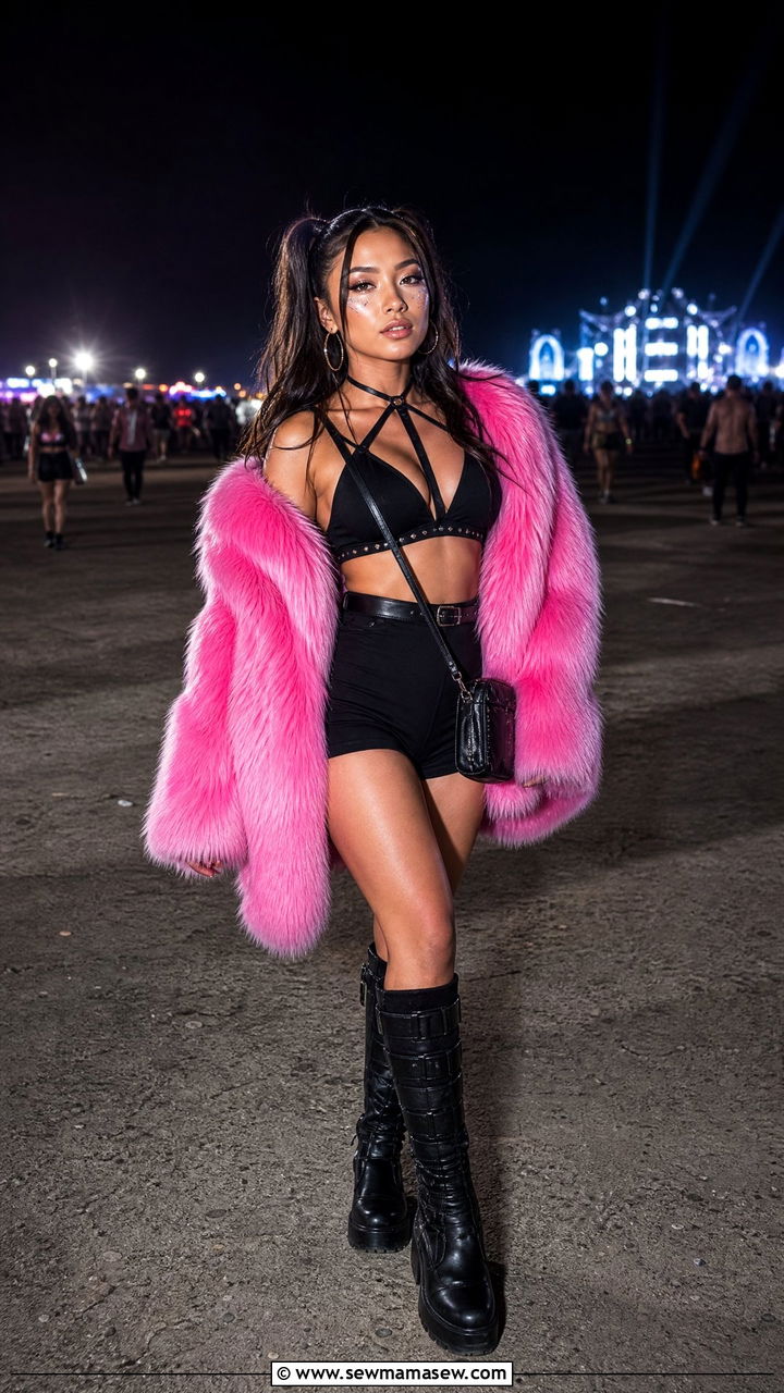 Faux Fur Coat Over Rave Set - 30 EDM concert outfit ideas