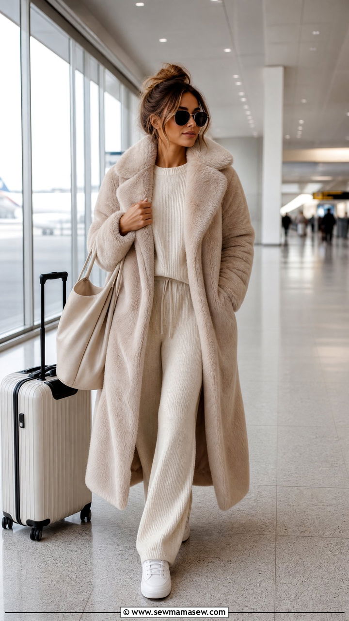 Faux Fur Coat Over a Matching Knit Set - 30 Faux fur coat outfit ideas