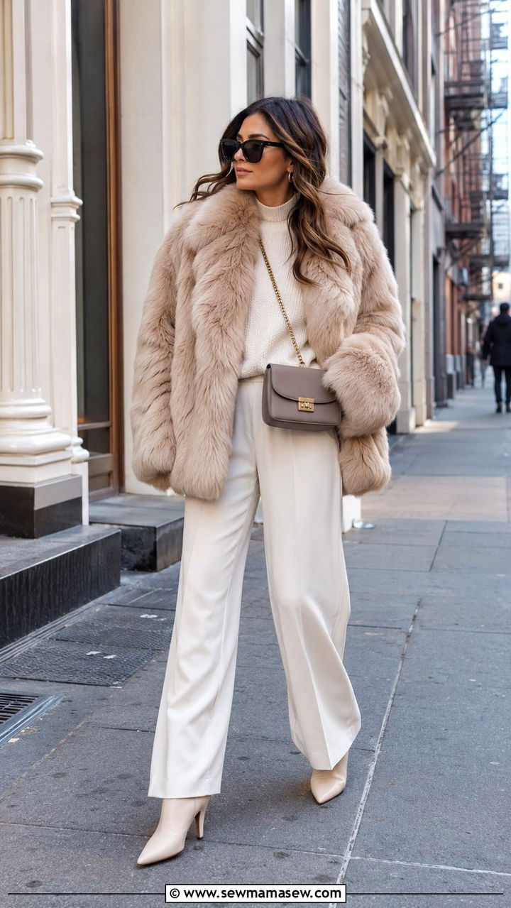Faux Fur Coat Wide Leg Trousers Heeled Boots - 30 NYC brunch outfit ideas