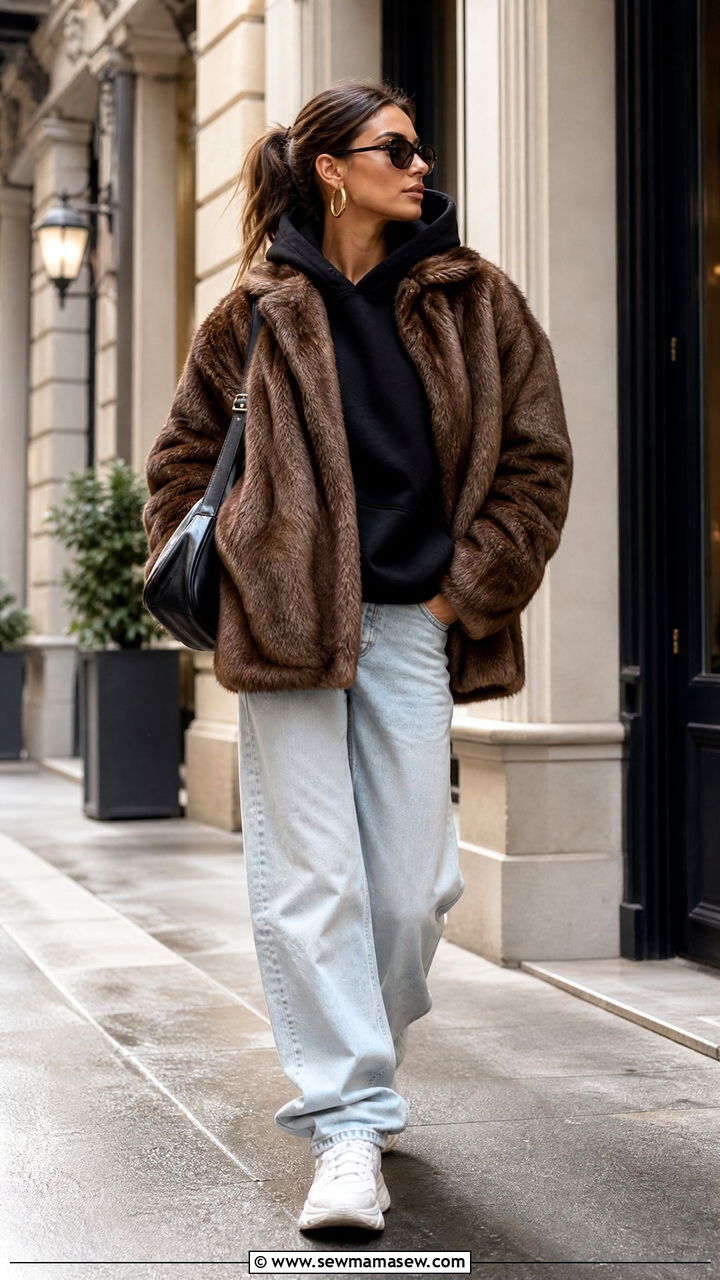 Faux Fur Coat With A Hoodie And Baggy Denim - 30 streetwear outfits ideas