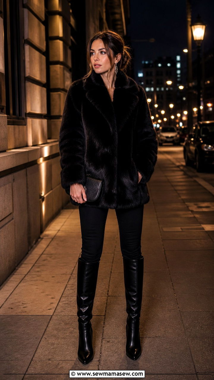 Faux Fur Coat With Black Skinny Jeans And Knee High Boots - 40 vacation outfits