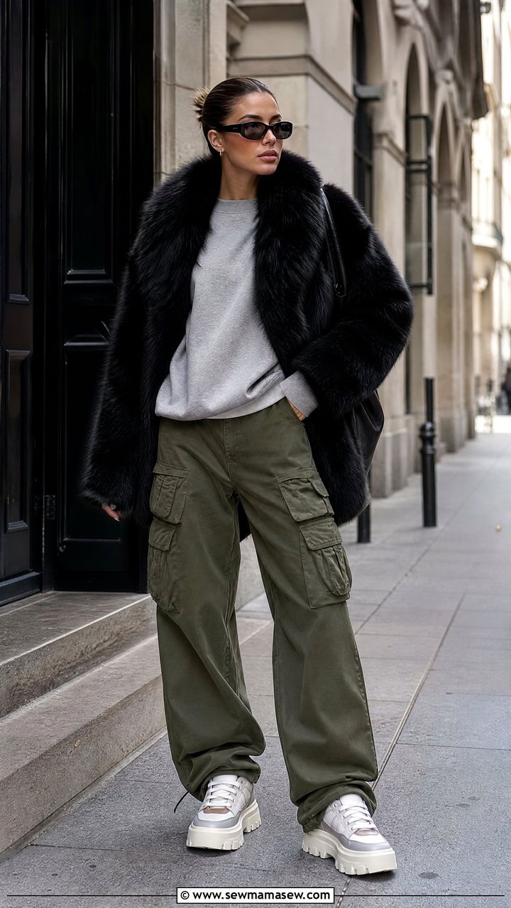 Faux Fur Coat With Cargo Pants and Chunky Sneakers - 30 Faux fur coat outfit ideas