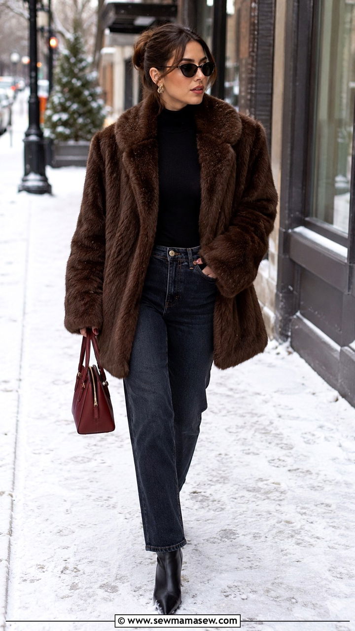 Faux Fur Coat With Dark Jeans And Heeled Boots - 25 seasonal girls night out outfit ideas
