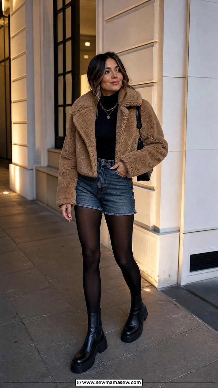 Faux Fur Coat With Denim Shorts and Opaque Tights - 30 Faux fur coat outfit ideas
