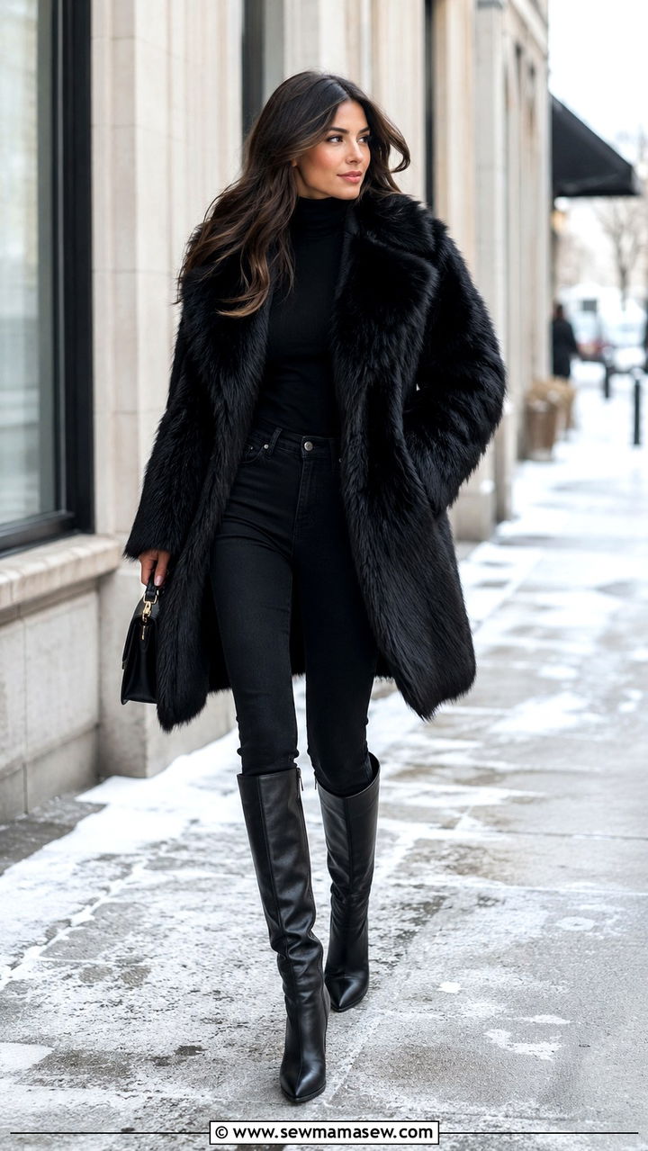 Faux Fur Coat With Skinny Jeans And Leather Boots - 20 French girl outfit ideas Caroline de Maigret
