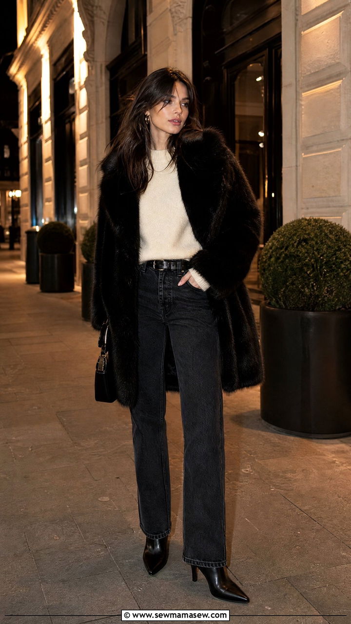Faux Fur Coat With Straight Leg Jeans - 25 classy grunge outfit ideas