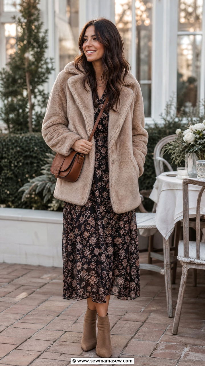 Faux Fur Coat With a Printed Midi Dress and Ankle Boots - 30 Faux fur coat outfit ideas