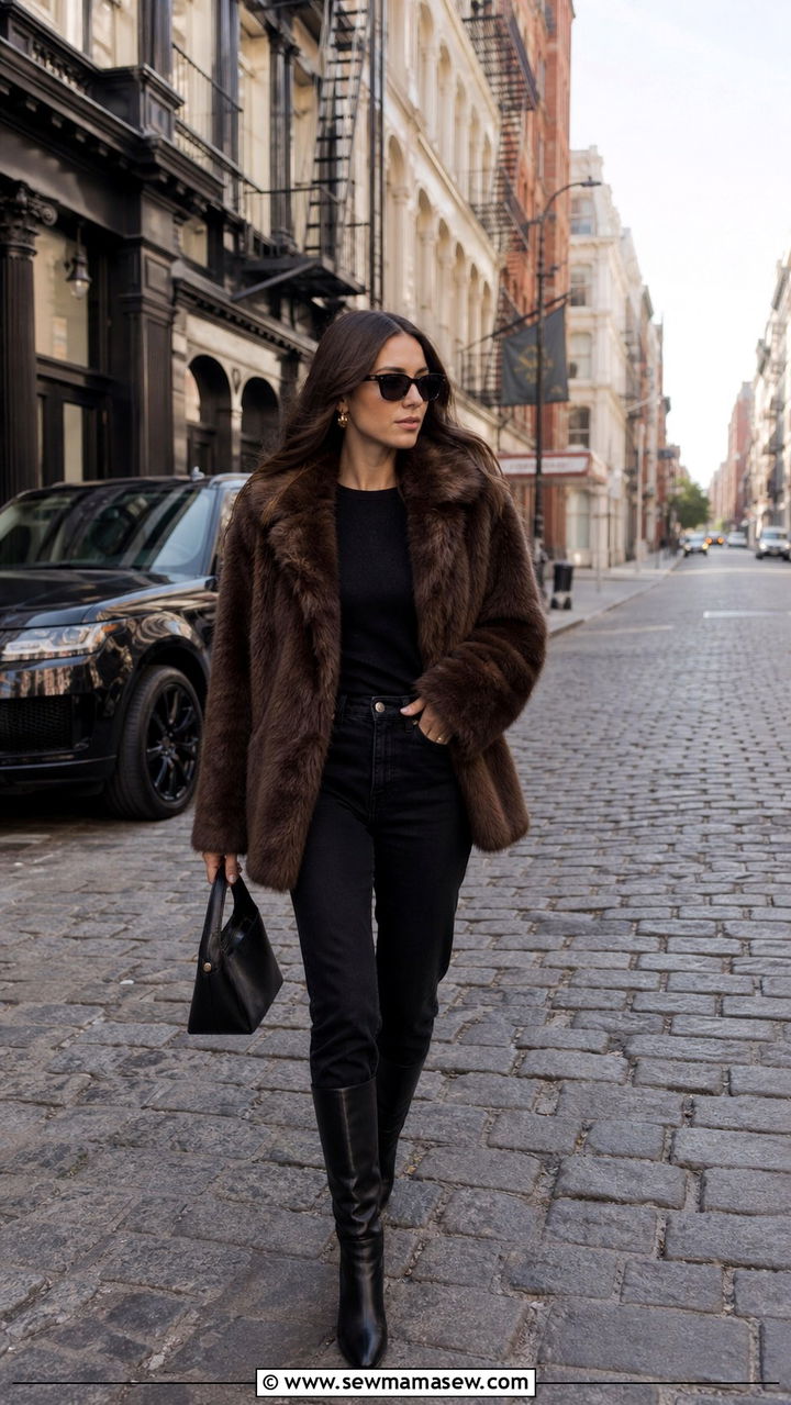 Faux Fur Coat and Black Jeans Outfit NYC - 40 New York outfit ideas