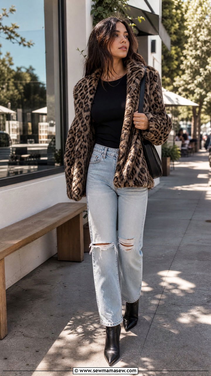 Faux Fur Coat and Ripped Denim - 25 classy edgy outfit ideas