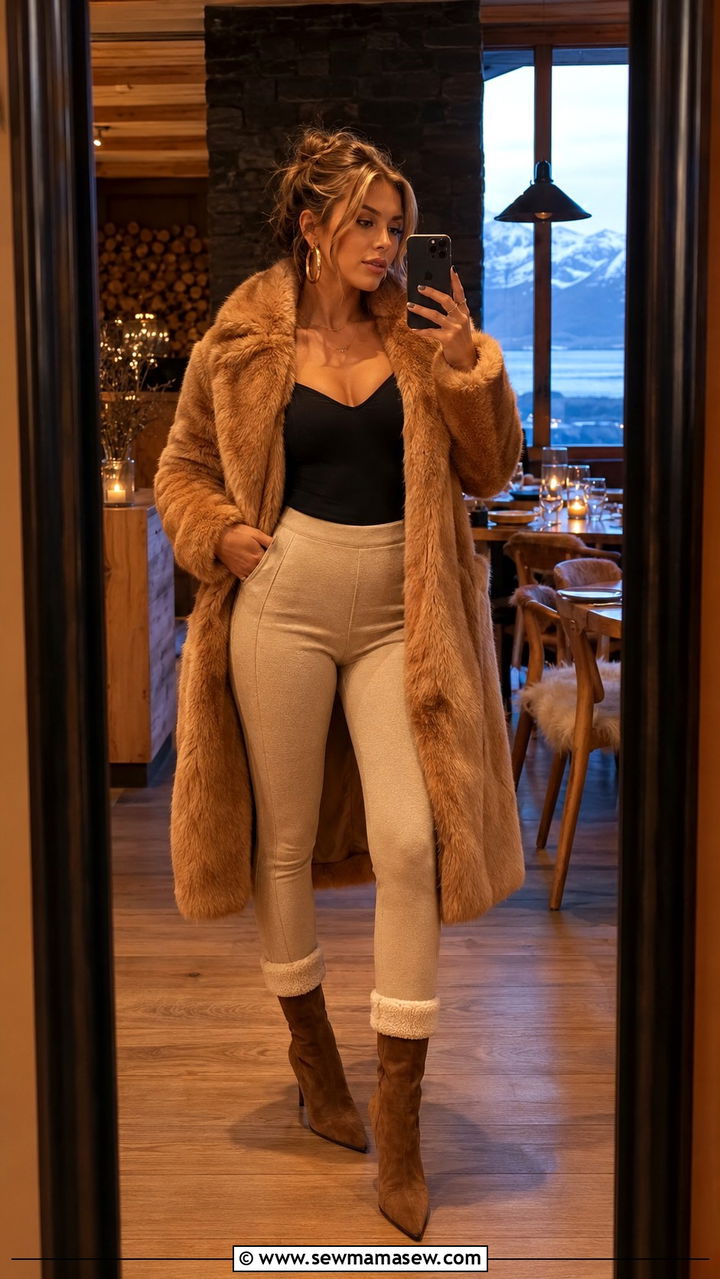 Faux Fur Coat with Beige Leggings and Heeled Boots - 30 Iceland outfit ideas