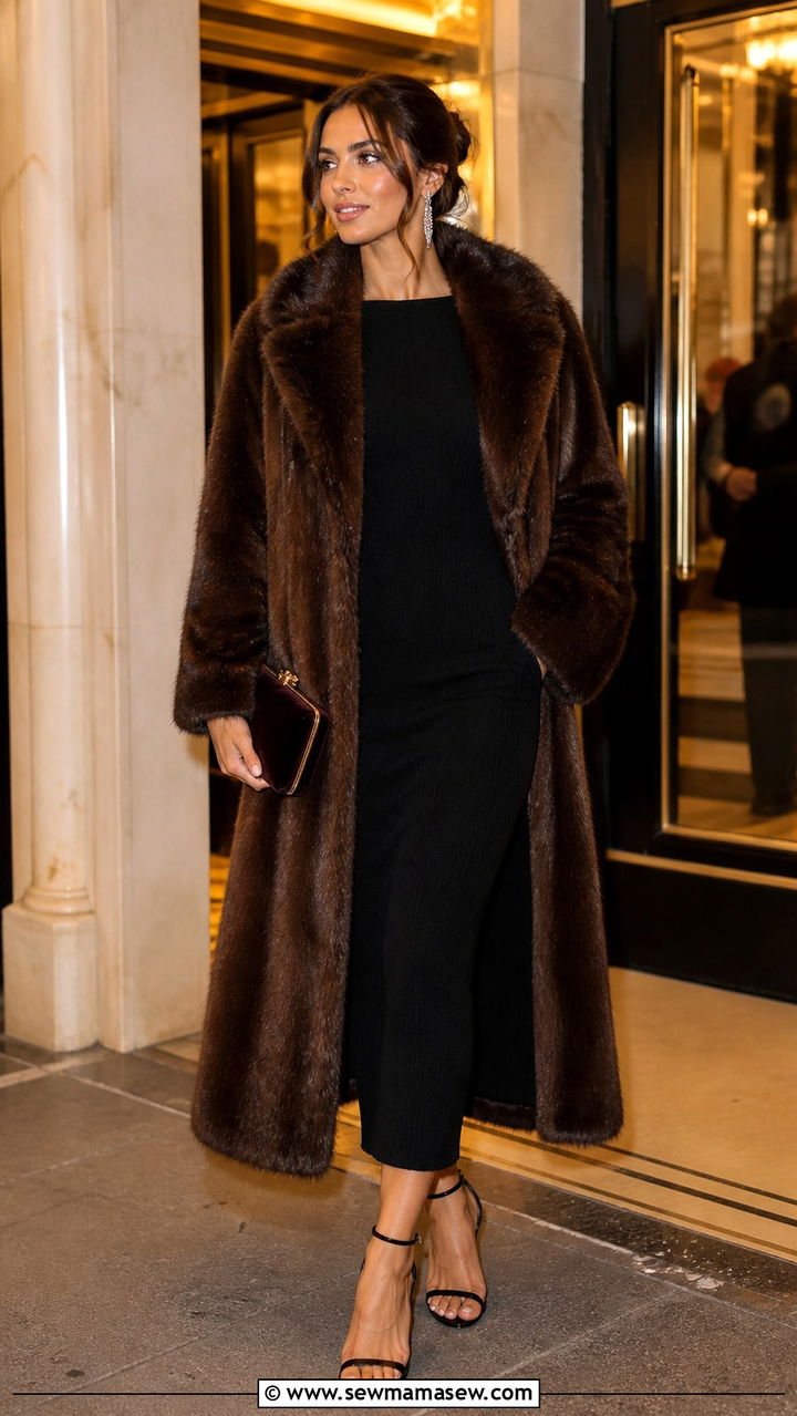 Faux Fur Coat with Midi Dress and Heels Outfit - 40 What to wear in London