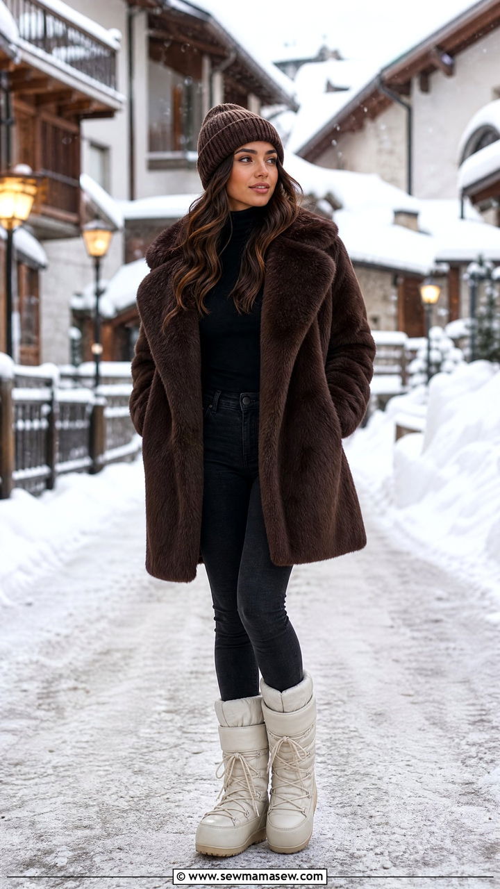 Faux Fur Coat with Skinny Jeans and Moon Boots - 40 Ski trip outfits
