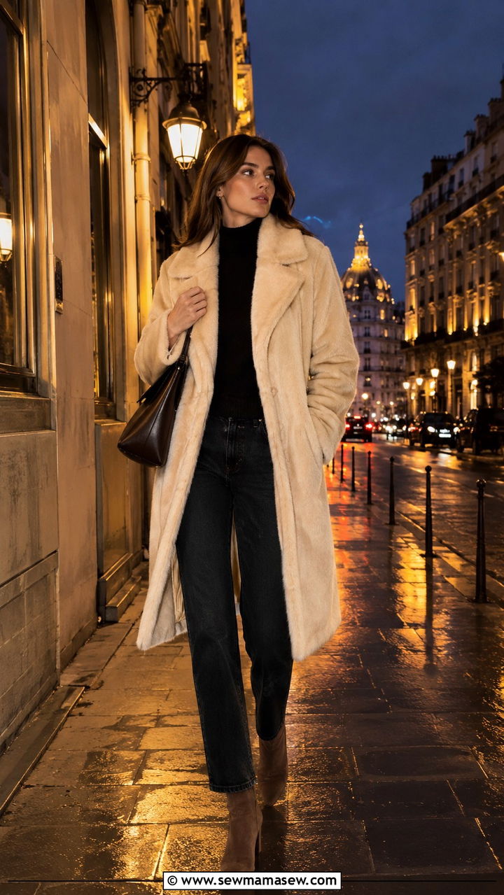 Faux Fur Coat with Straight Leg Jeans and Ankle Boots - 25 Parisian outfits for tall women