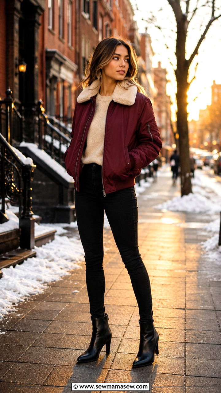 Faux Fur Collar Bomber with Black Skinny Jeans and Heeled Boots - 30 How to style a bomber jacket