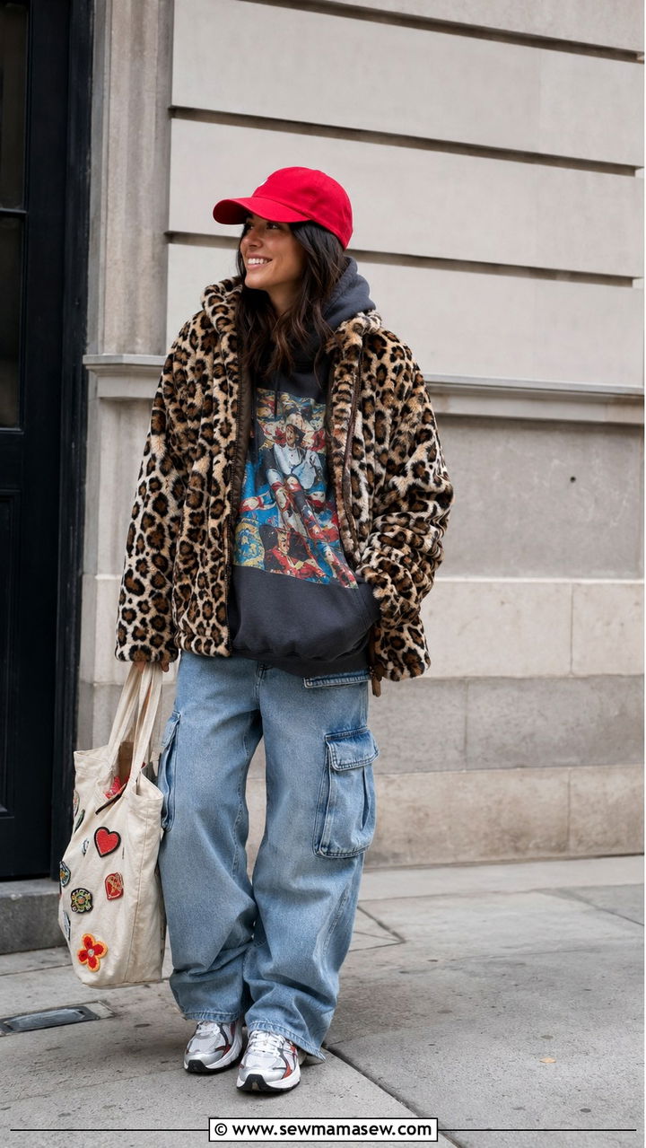Faux Fur Jacket Over A Graphic Hoodie With Cargo Jeans And Dad Sneakers - 30 casual maximalist outfits