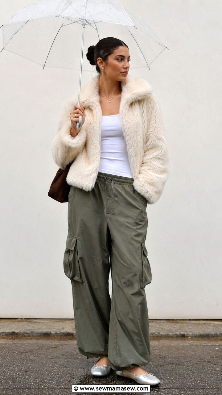 Faux Fur Jacket With Baggy Cargo Pants And Ballet Flats - 25 rainy day outfits Pinterest