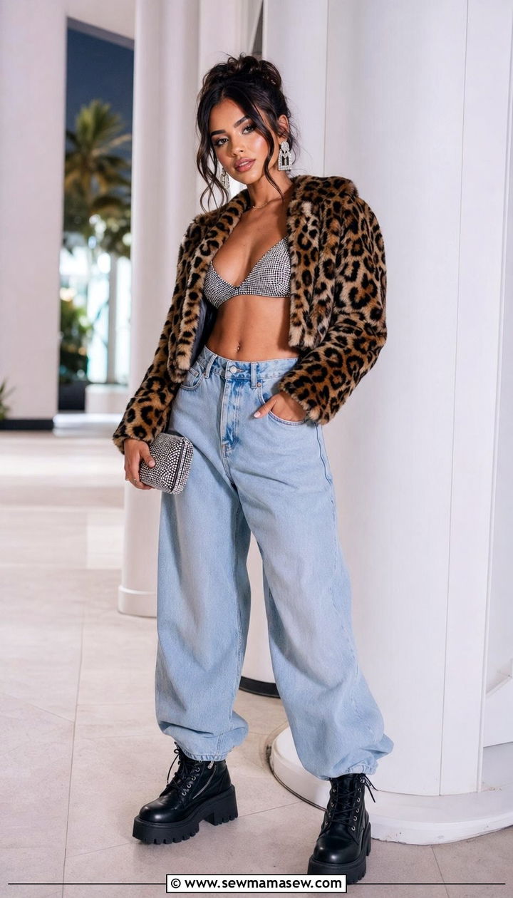 Faux Fur Jacket With Baggy Jeans - 30 Y2K outfits ideas