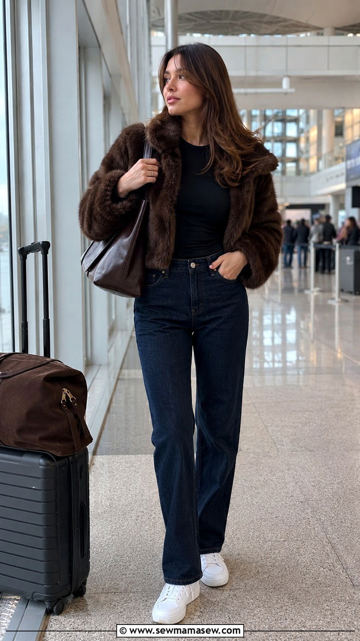 Faux Fur Jacket With Denim Airport Outfit - 25 Airport outfit ideas JFK New York