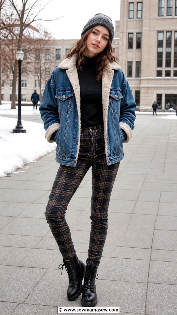 Faux Fur Lined Denim Jacket With A Turtleneck And Plaid Pants - 40 back to school outfit ideas
