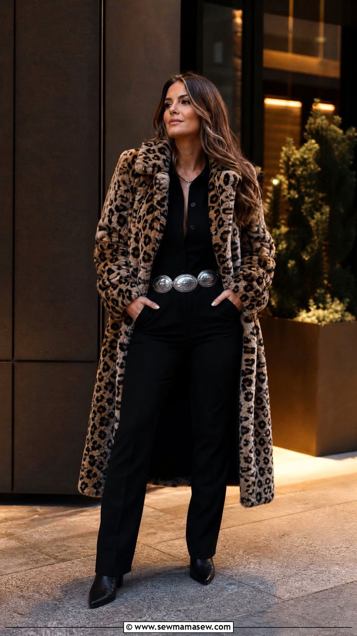 Faux Fur Ranch Coat Over All Black Ensemble with Silver Belt - 30 Modern western outfit ideas