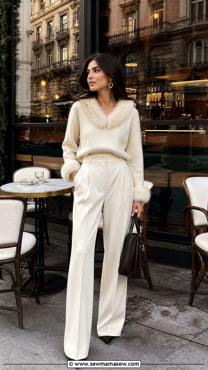 Faux Fur Trimmed Sweater with Pleated Trousers - 40 Italy outfit ideas