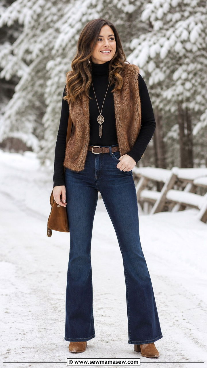 Faux Fur Vest And Flare Jeans Boho Cold Weather Outfit - 40 boho chic outfit ideas