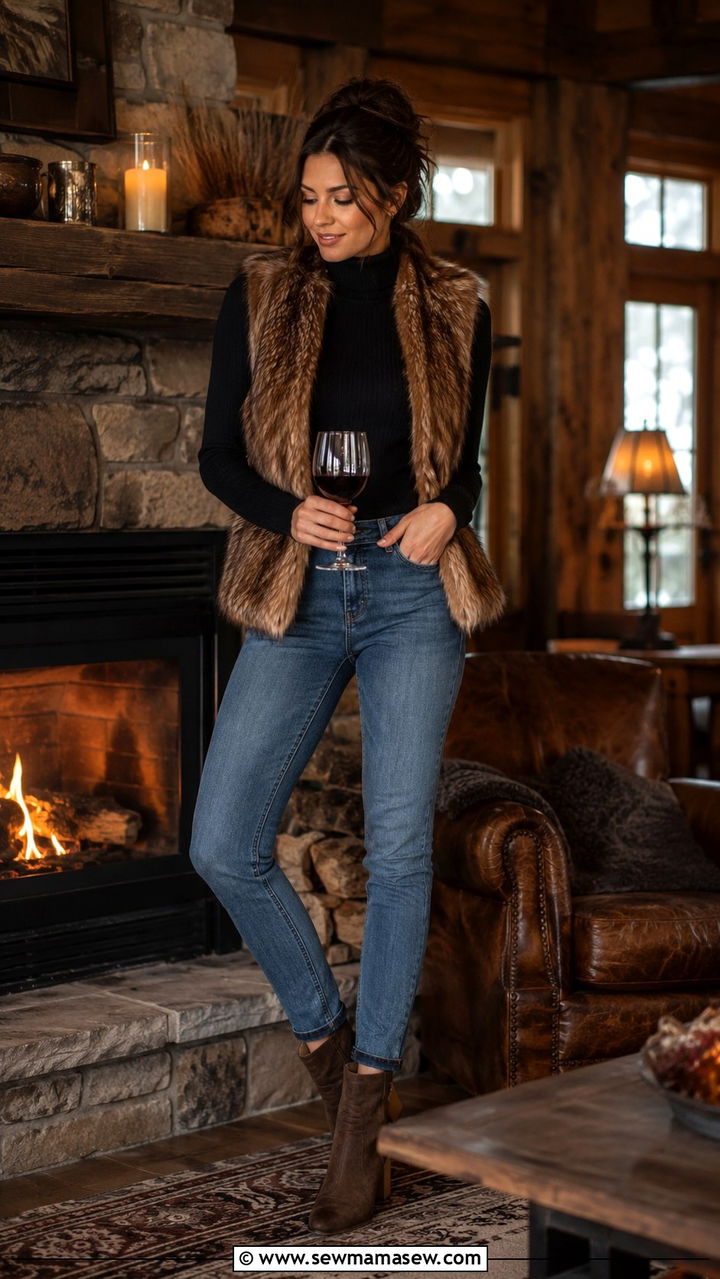 Faux Fur Vest And Jeans Cabin Outfit - 30 Spring cabin outfits