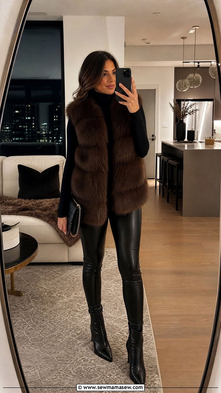 Faux Fur Vest Over Turtleneck With Faux Leather Leggings - 35 Hygge outfit ideas